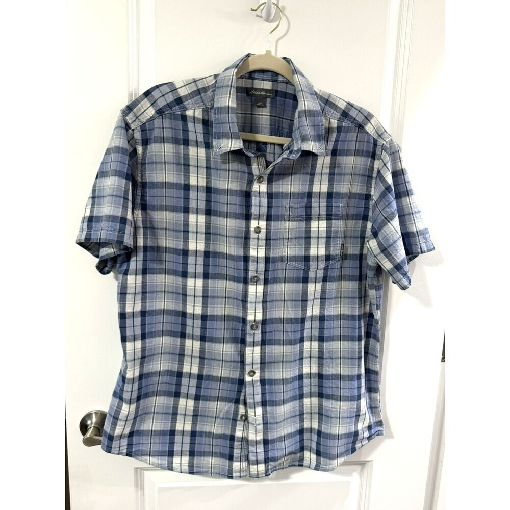Eddie Bauer Button Down Shirt Mens L Blue Excellent plaid Cotton